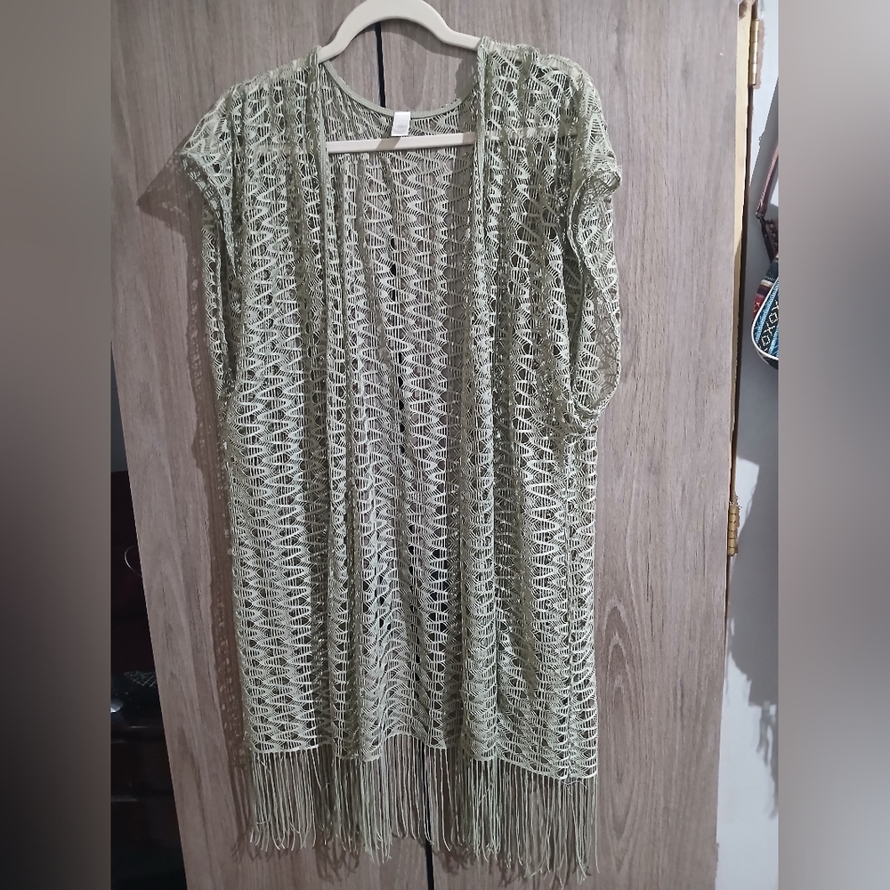 Cato Sage Green Open-Knit Fringe Cardigan